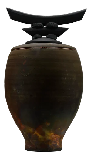 Raku Ceramic Vessel with Brass Detail by Bruce Johnson, 1999