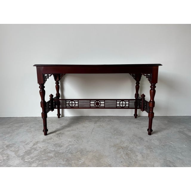 1960s Vintage Chinese Carved Solid Mahogany Console Table With Latticework Details For Sale - Image 5 of 12
