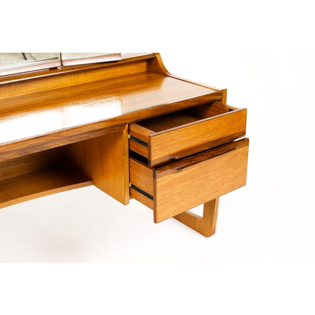 Wood 1960s Danish Modern / Mid Century Low Teak Vanity / Dressing Table — Meredew — Adjustable Mirror For Sale - Image 7 of 8