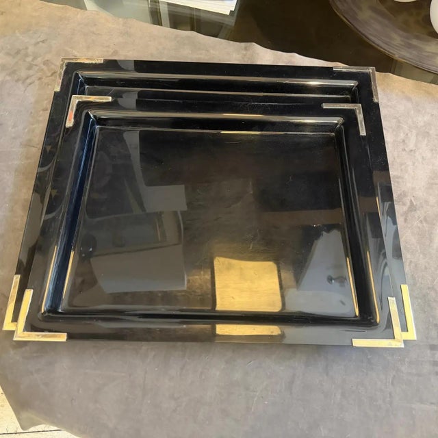 Black Set of Two 1970s Mid-Century Modern Black Lucite and Brass Barware Trays For Sale - Image 8 of 14