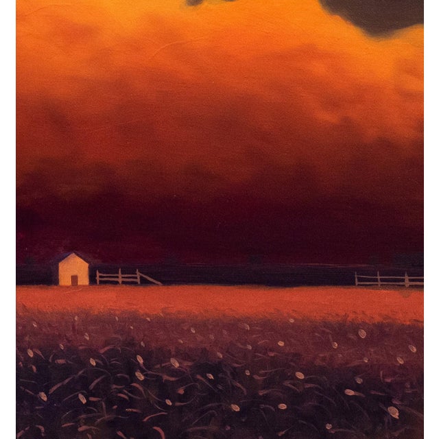 This oil on panel artwork depicts a serene summer evening, with a dramatic sky transitioning from deep oranges to rich...