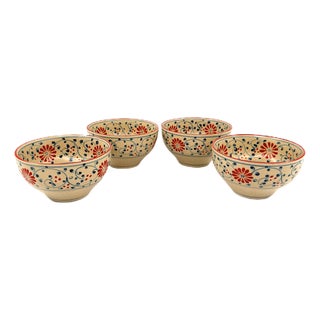 Set of 4 Bat Trang Vietnamese Ceramic Multipurpose Bowls With Hand Painted Botanical Motifs For Sale