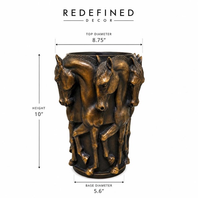 A striking bronze vessel featuring eight prancing horses in dramatic high relief, wrapping continuously around the...