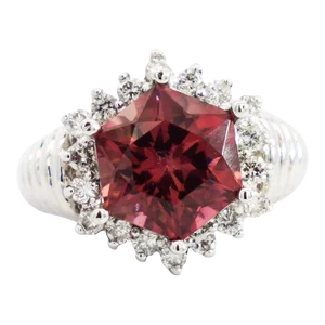 GIA Certified Hexagon Cut Pink Tourmaline with Diamond Halo Star Shape Ring in 1, Size 8