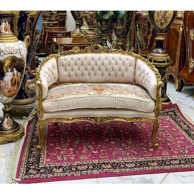 Italian Romantic Italian-Style Damask Sofa – Ivory & Beige Upholstery With Gilded Details For Sale - Image 3 of 3