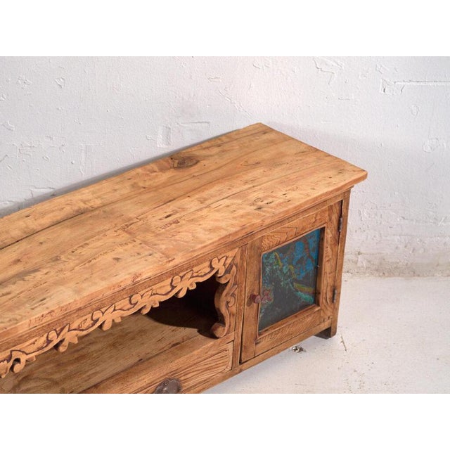 Antique low sideboard in pine wood, Chinese provincial furniture with a painted panel originating from Gansu and dated...