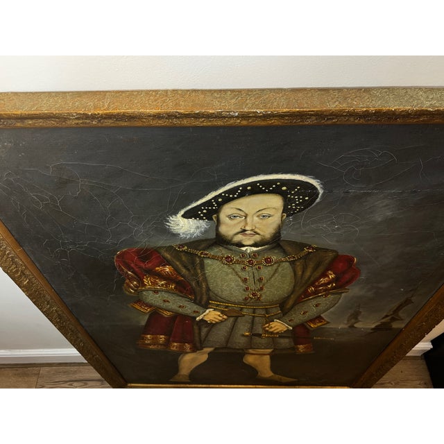 Huge English Oil Painting Portrait Tudor Royal King Henry VIII After Hans Holbein For Sale - Image 9 of 12