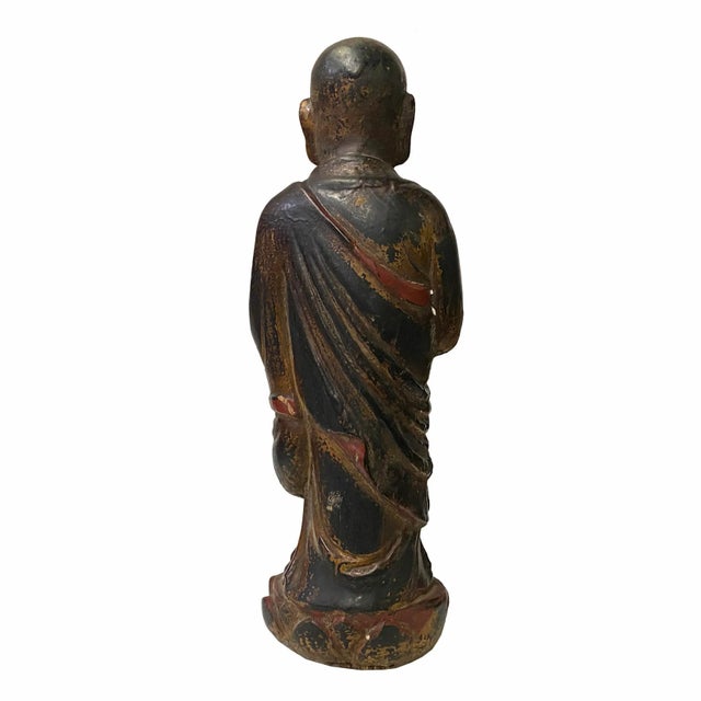 Figurative Chinese Distressed Black Brown Lacquer Wood Standing Monk Lohon Figure For Sale - Image 3 of 6