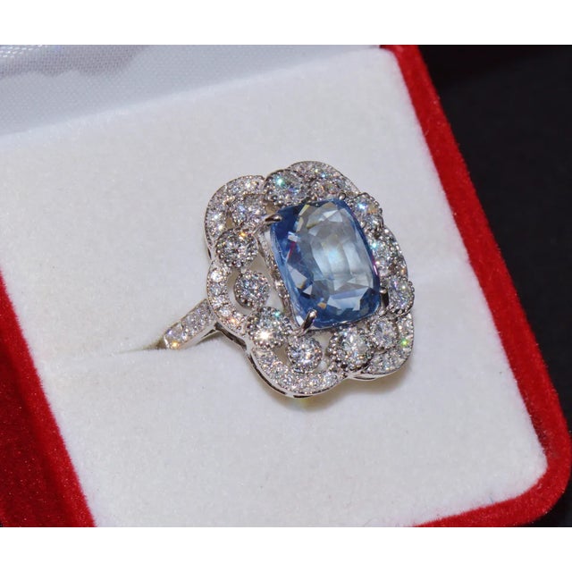 Blue GIA Natural 9.66CTS VS F Diamond No Heat Blue Sapphire 750 18K Gold Cocktail Ring, size 6.5 For Sale - Image 8 of 11