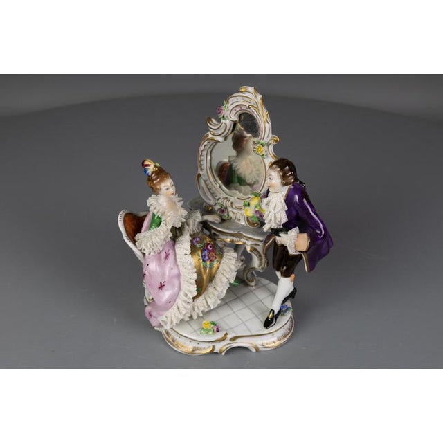 German Rococo Porcelain Figurine Couple at a Dressing Table, 1950s For Sale - Image 14 of 18