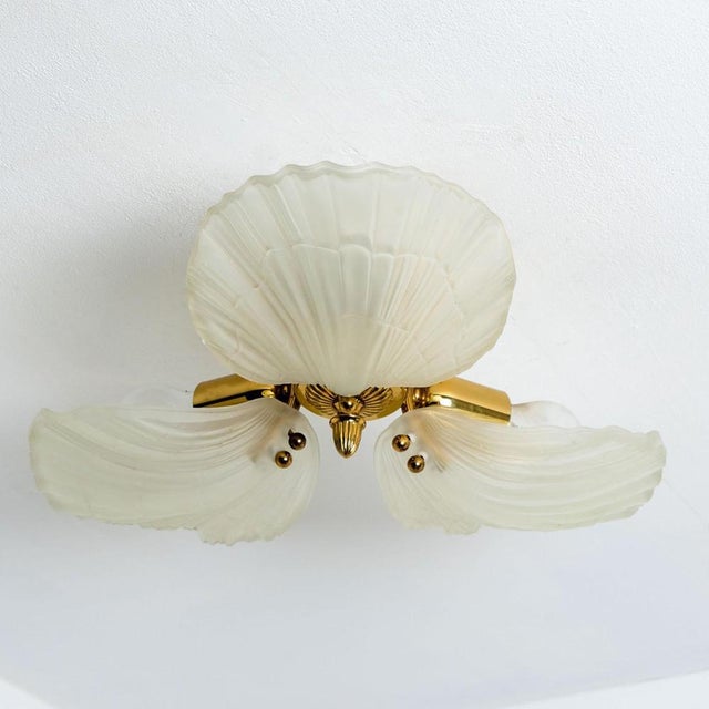 Large Barovier Flush Mount with 3 Milkglass Shells, Italy, 1970s For Sale - Image 3 of 18