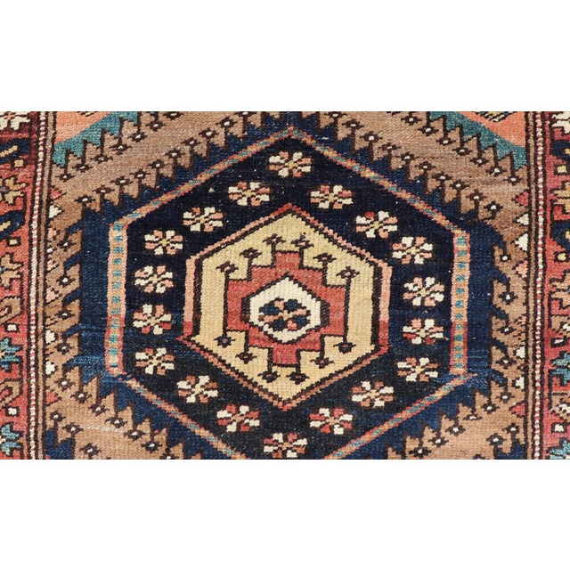 Antique Persian Kurdish Short Runner on Geometric Motifs in Light Camel Field 3'5 X 7'10 For Sale - Image 11 of 13