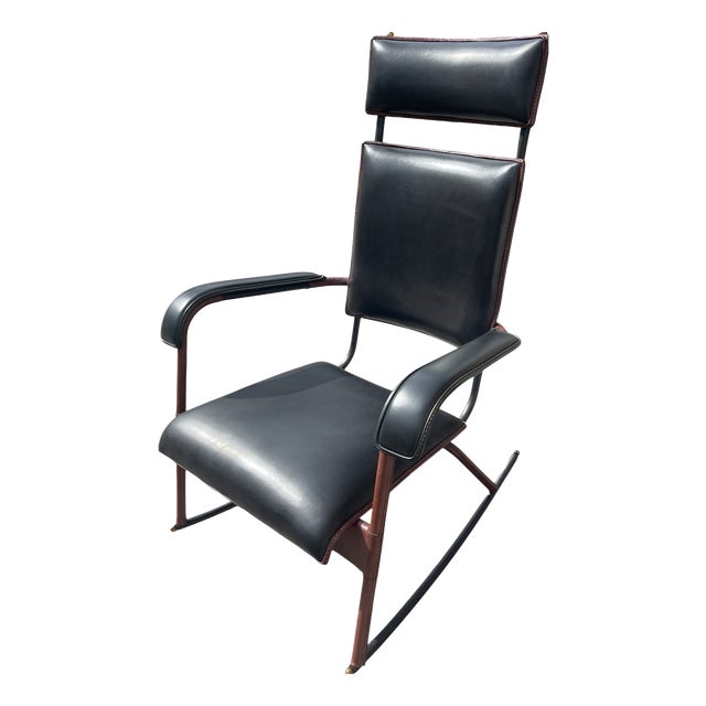 Stitched Leather Rocking Chair by Jacques Adnet, 1950s For Sale