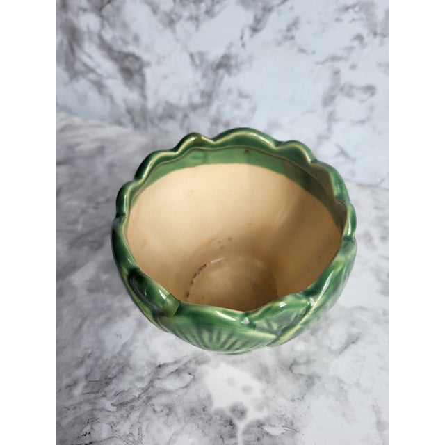 French Country 1970s Green Glazed Majolica Lotus Leaf Planter For Sale - Image 3 of 8