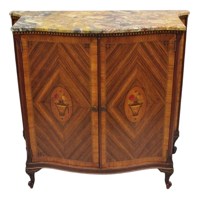 Antique French Louis XV Marble Top Demilune Dresser Commode Cabinet W/ 5 Drawers For Sale