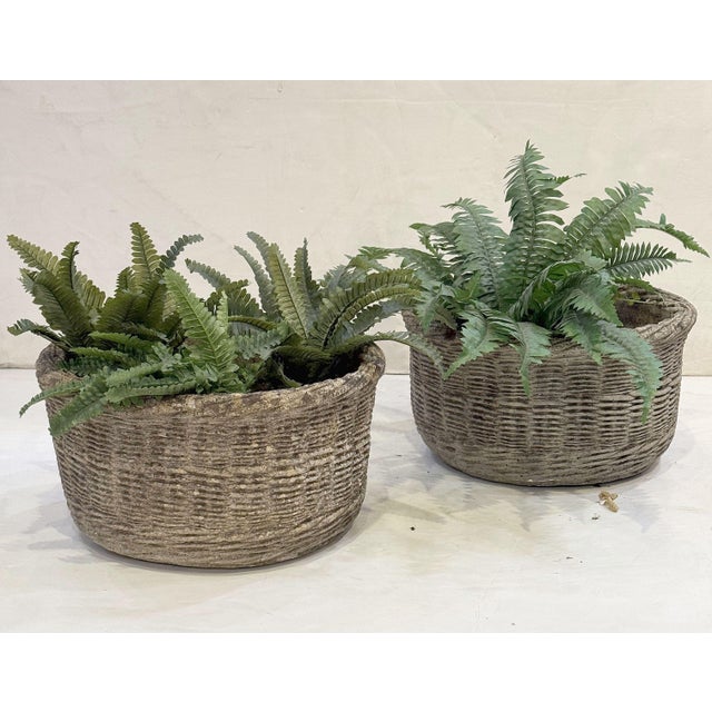 English Basket-Weave Style Garden Stone Round Planter Pots - Two Available For Sale - Image 4 of 10