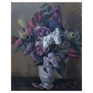 Alexis Louis Roche, Bouquet de Fleurs, tulipes, lilas et pivoines, Oil on Canvas For Sale