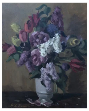Alexis Louis Roche, Bouquet de Fleurs, tulipes, lilas et pivoines, Oil on Canvas