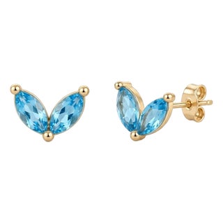 Dainty Blue Topaz Leaf Earrings | v-Shape Marquise Cut Gemstone Studs | Minimalist December Birthstone Studs - A Pair For Sale