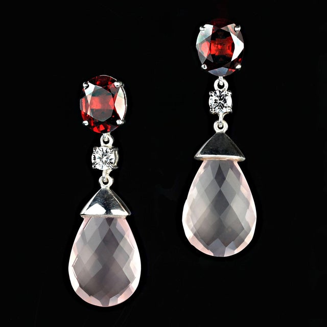 Traditional Ajd Romantic Rose Quartz and Garnet in Sterling Silver Earrings, A Pair For Sale - Image 3 of 4