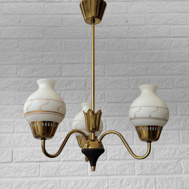 Vintage Scandinavian Chandelier in Brass and Glass, 1940s For Sale - Image 11 of 11