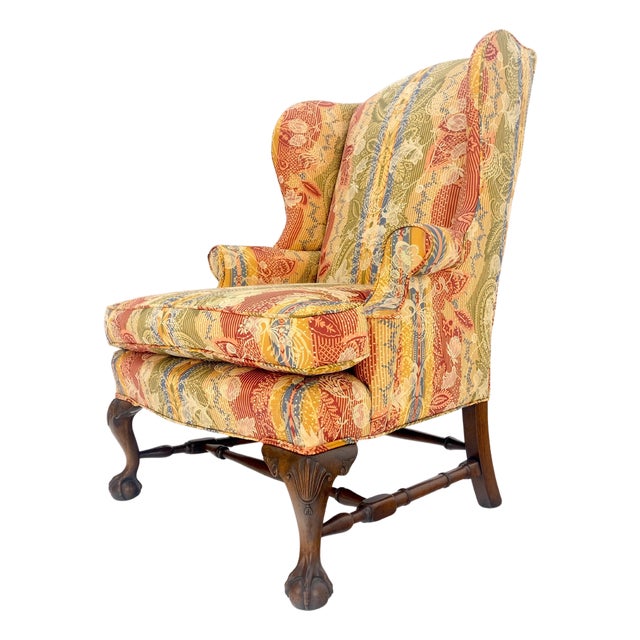 Large Fancy Floral Pattern Uphlstry Fine Carved Ball & Claw Feet Wing Chair MINT For Sale