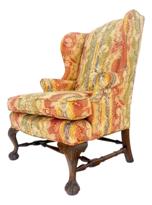 Large Fancy Floral Pattern Uphlstry Fine Carved Ball & Claw Feet Wing Chair MINT