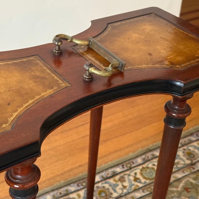 Antique 19th Century Weiman Heirloom Mahogany and Gold Tooled Leather Inlays Tea Table With Folding Brass Carry Handle For Sale In Los Angeles - Image 6 of 10