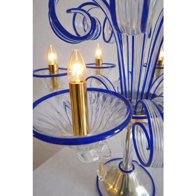 Mid-Century Modern Table Lamp Murano Glass 5 Arms in Clear and Blue For Sale - Image 3 of 6