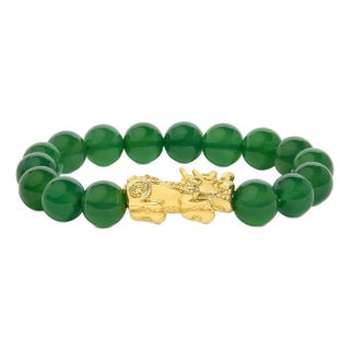 18K Yellow Gold Green Agate Beaded Bracelet with Dragon Charm For Sale