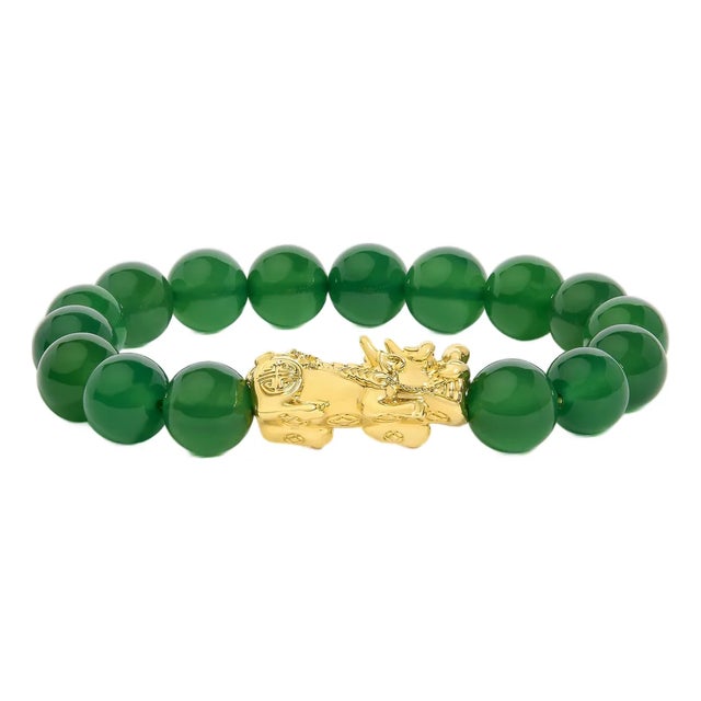 18K Yellow Gold Green Agate Beaded Bracelet with Dragon Charm For Sale