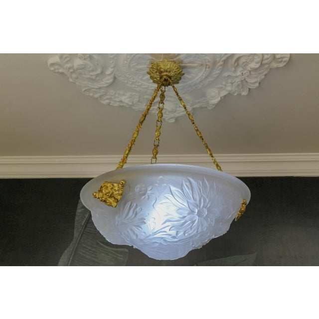French Art Deco White Frosted Glass and Bronze Pendant Light with Floral Motifs, 1930s For Sale - Image 3 of 18