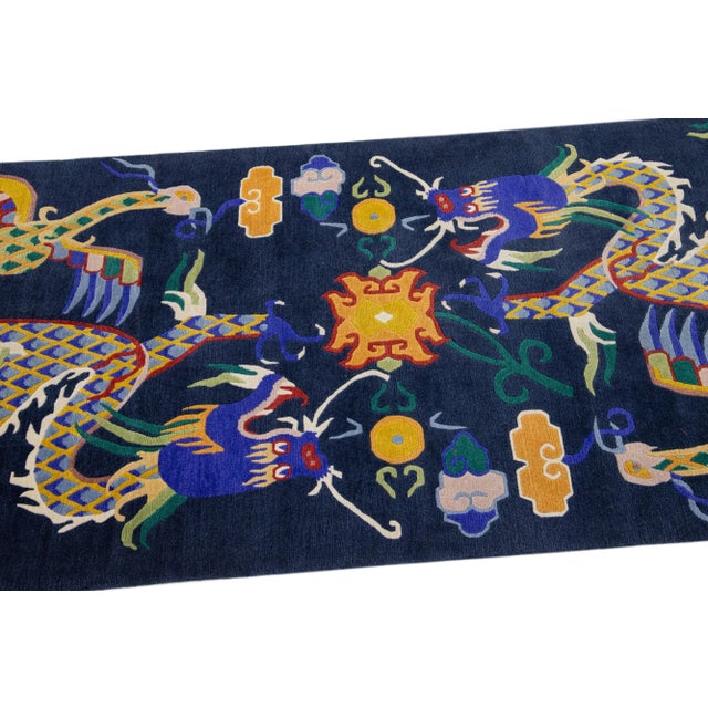 Chinese Vintage Peking Blue Handmade Wool Rug With Mullticolor Dragon Motif For Sale In New York - Image 6 of 7