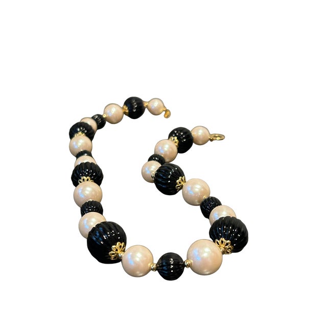 Vintage Trifari Gold-Tone Faux Pearl & Black Ribbed Bead Necklace | Signed Trifari TM | Classic Mid-Century Costume...