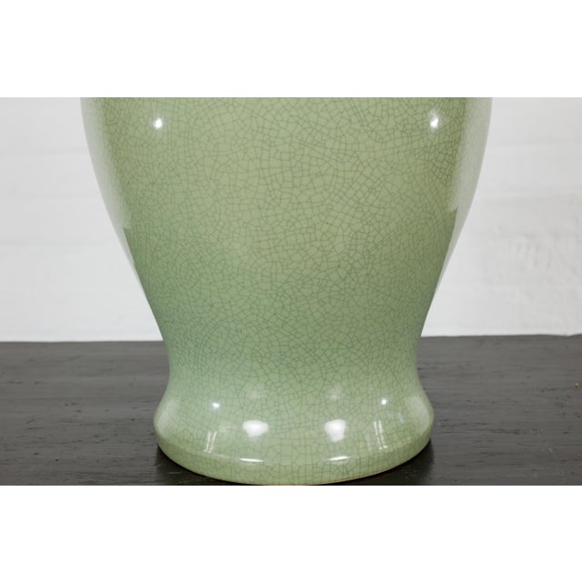 Ceramic Crackle Green Celadon Lidded Vase with Stylized Foo Dog Finial For Sale - Image 7 of 12