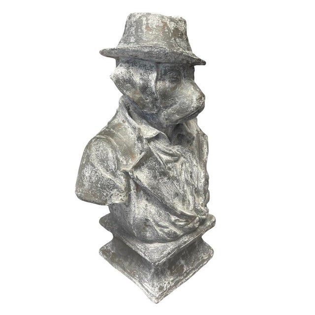 Traditional Vintage Anthropomorphic Cast Iron Dog Bust in Fedora and Overcoat For Sale - Image 3 of 12