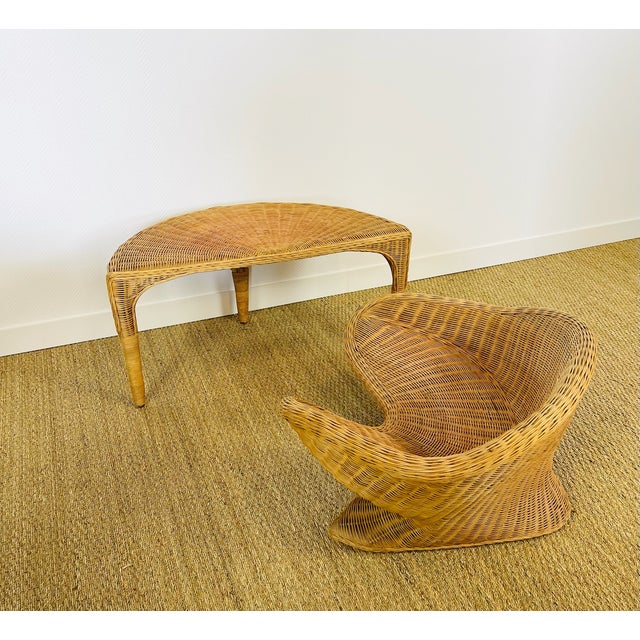 Vintage Sculptural Lotus Meditation Chair and Half-Moon Table in Rattan, 1970s, Set of 2 For Sale - Image 14 of 18