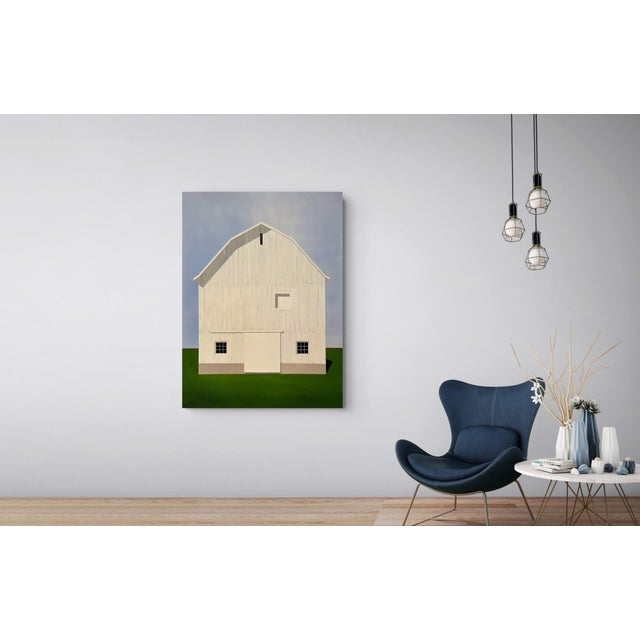 El Guapo by Justin Wheatley | Acrylic on Canvas White Barn With Green Field For Sale - Image 9 of 11
