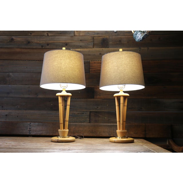 1950s Heywood-Wakefield Bamboo Style Table Lamps | Pair of Mid Century Modern Wood Lamps For Sale In Los Angeles - Image 6 of 18