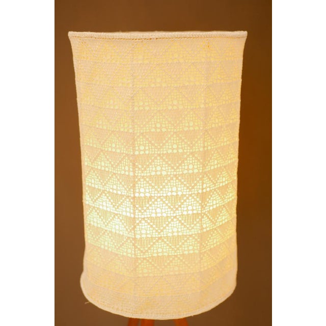 Mid-Century Modern Large Scandinavian Teak Tripod Floor Lamp with Drawn Thread Embroidery Shade For Sale - Image 3 of 17