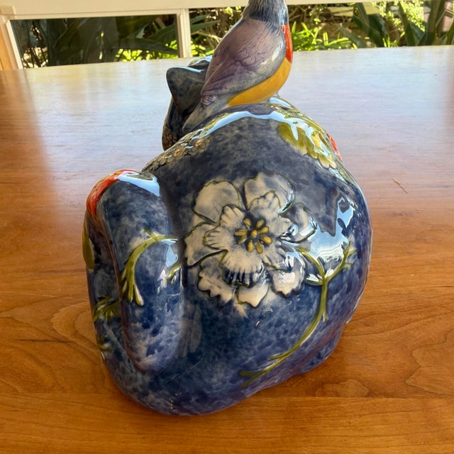 Blue Le Jardin 12" Blue Ceramic Sleeping Cat Figurine W/ Bird & Floral Design – Rare For Sale - Image 8 of 9