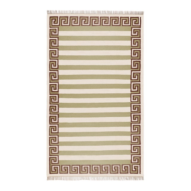 Part & Parcel Goods Wool Stripe Rug, 9' x 12', Sage, Chocolate and Eggshell For Sale