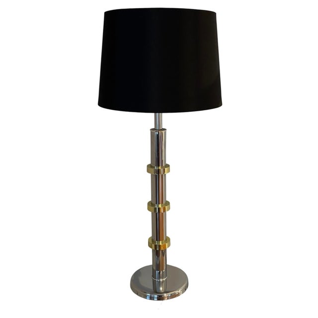 Modern 1970s Pair of Chrome and Brass Table Lamps With Black Shades For Sale - Image 3 of 5