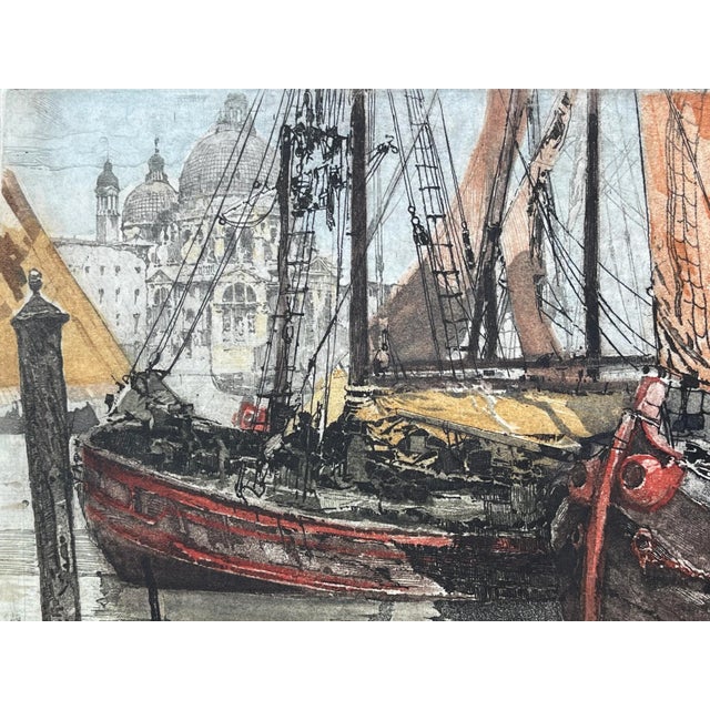 Vintage Color Etching Venice Italy Sail Boats Gondolas St