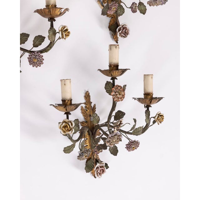 Vintage Italian Floral Wall Lamps in Iron and Porcelain, 1950s, Set of 3 For Sale - Image 9 of 16