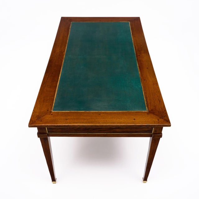Brown French Louis XVI Provincial Oak "Bureau Plat" With Green Leather Top For Sale - Image 8 of 9