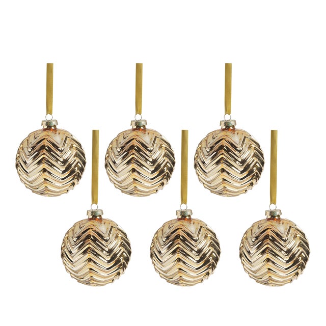 Trieste 6-Piece Set Gold Metallic Chevron Glass Ball Ornaments, 4" For Sale