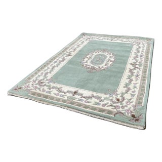Green and White Rug in Wool For Sale