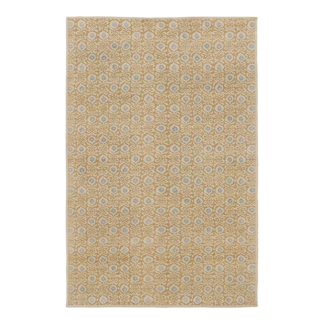 Rug & Kilim’s Block Print Rug With Gold and Blue Dense Floral Pattern For Sale