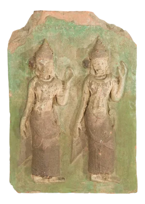 Thai Carved Stone Green Painted Temple Wall Plaque Depicting Ceremonial Dancers